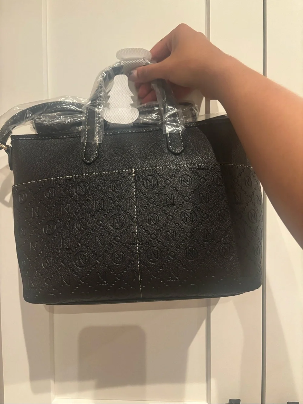 Black Embossed Monogram Satchel Bag with Gold Lock